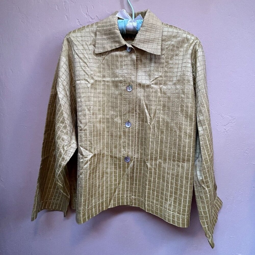 Lisbeth Women's Long Sleeve Button Down Top Lightweight Gold Silk Checkered